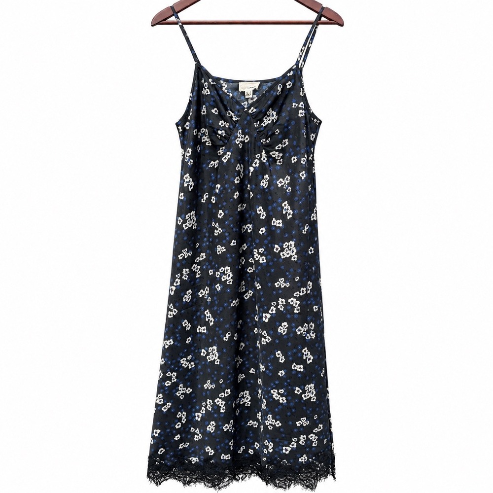THEKorner Floral Slip Dress Lace Trim Satin Look Midi Y2K Black Blue XS 23128067